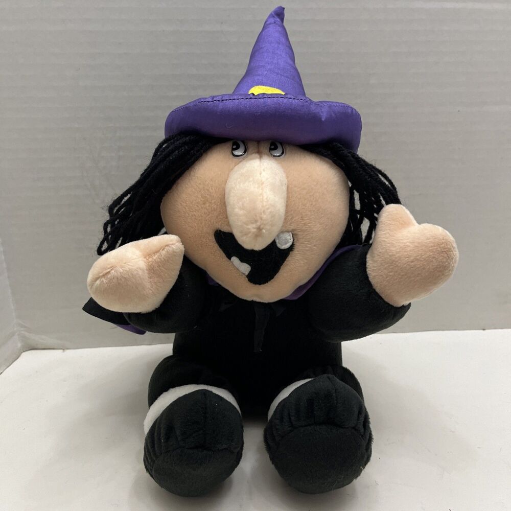 Vintage Halloween Witch Plush Doll Nylon Purple Hat Yarn Hair